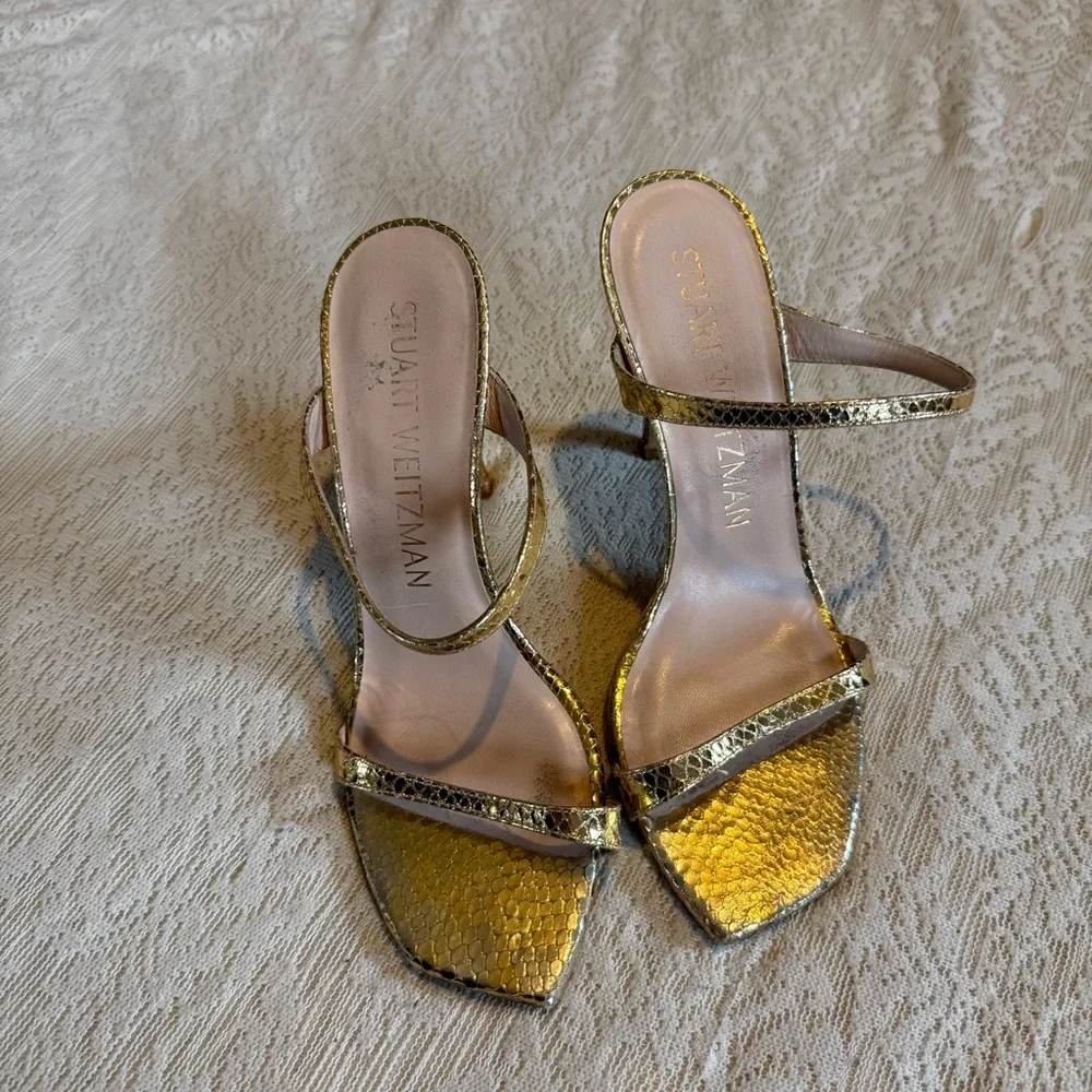Stuart Weitzman 75 gold leather open toe stiletto pumps - Picture 3 of 10